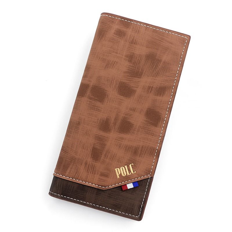 Men's Long Bifold PU Leather Wallet, Vintage Plaid Patchwork Business Card Holder with Zipper Coin Pocket & ID Photo Slot (Brown) - Image 1