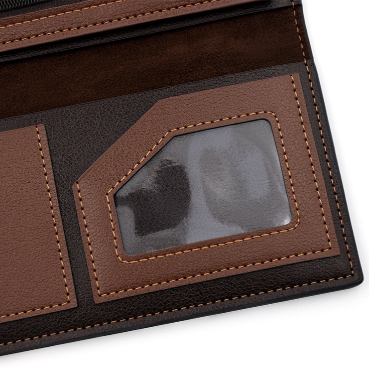 Men's Long Bifold PU Leather Wallet, Vintage Plaid Patchwork Business Card Holder with Zipper Coin Pocket & ID Photo Slot (Brown) - Image 6