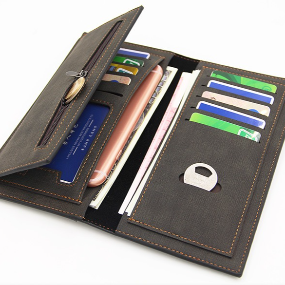 Men's Long Bifold PU Leather Wallet, Fabric-Textured Business Card Case with Zipper Coin Pocket, Multi-Card Slot Suit Pocket Purse for Daily Work and Travel (Blue) - Image 3