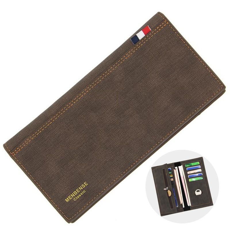 Men's Long Bifold PU Leather Wallet, Fabric-Textured Business Card Case with Zipper Coin Pocket, Multi-Card Slot Suit Pocket Purse for Daily Work and Travel (Dark Brown) - Image 1