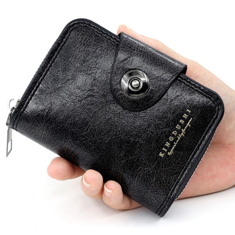 Vintage Waxed PU Leather Card Holder Wallet, Snap Button Zipper Coin Purse, Multi-Card Slot Mini Credit Card Case for Men and Women (Black) - Image 1