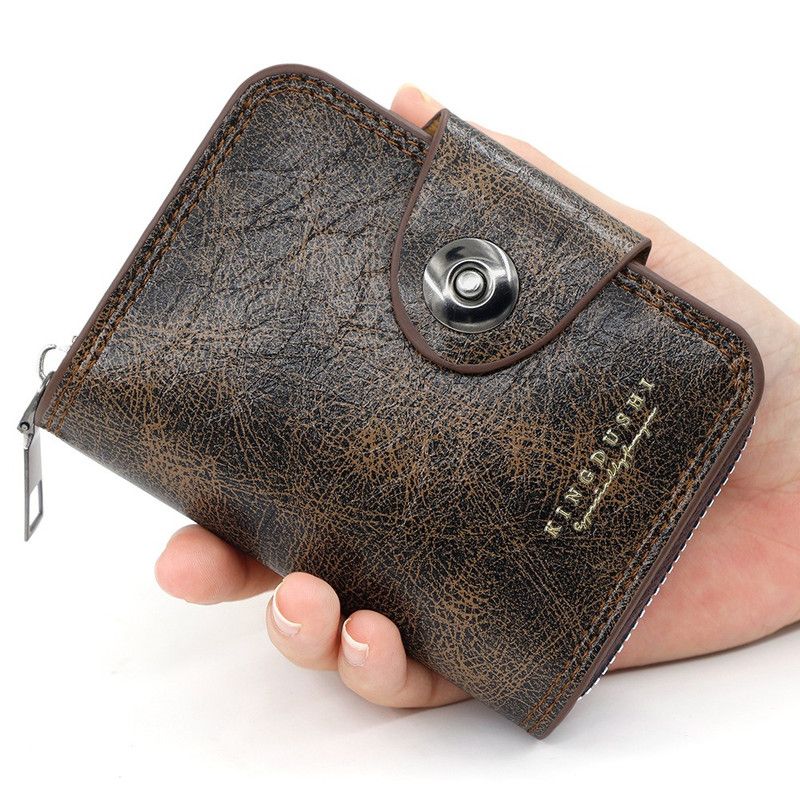 Vintage Waxed PU Leather Card Holder Wallet, Snap Button Zipper Coin Purse, Multi-Card Slot Mini Credit Card Case for Men and Women (Dark Brown) - Image 1