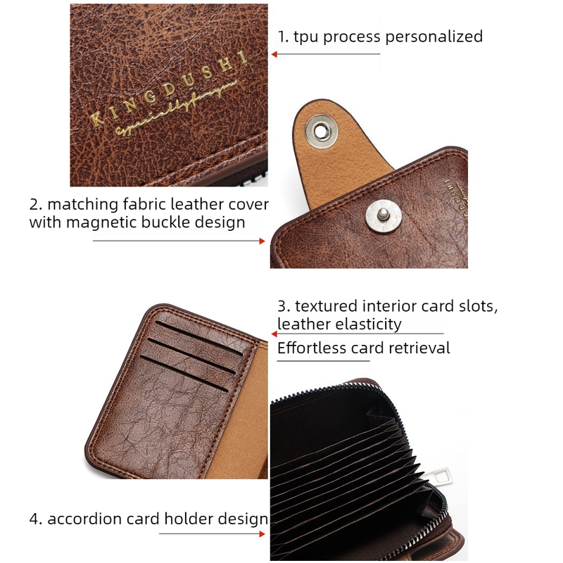 Vintage Waxed PU Leather Card Holder Wallet, Snap Button Zipper Coin Purse, Multi-Card Slot Mini Credit Card Case for Men and Women (Dark Brown) - Image 4