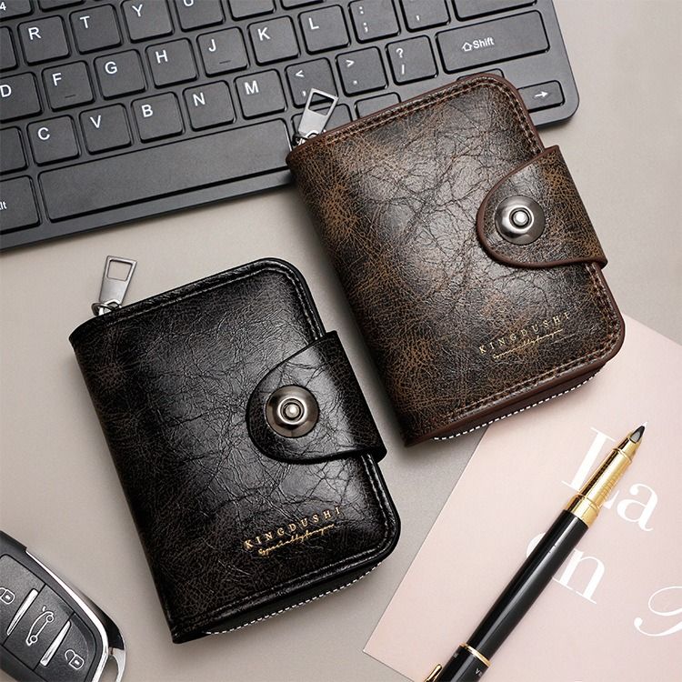 Vintage Waxed PU Leather Card Holder Wallet, Snap Button Zipper Coin Purse, Multi-Card Slot Mini Credit Card Case for Men and Women (Dark Brown) - Image 8