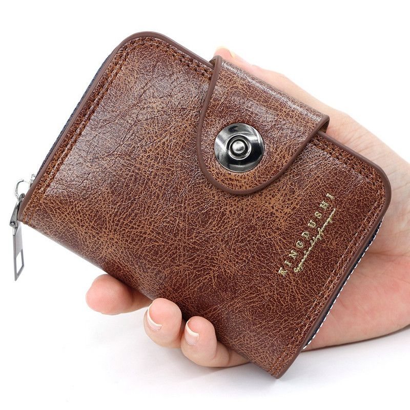 Vintage Waxed PU Leather Card Holder Wallet, Snap Button Zipper Coin Purse, Multi-Card Slot Mini Credit Card Case for Men and Women (Brown) - Image 1
