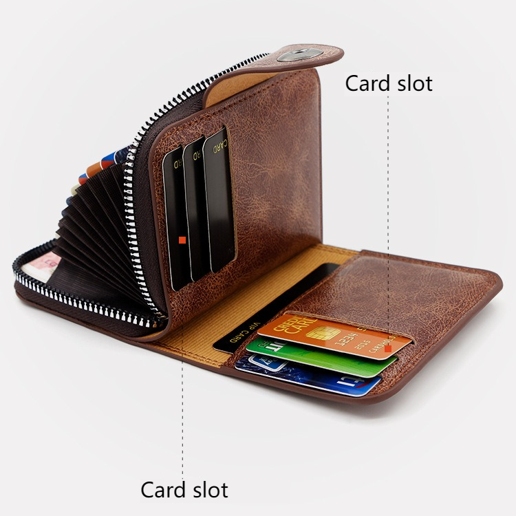 Vintage Waxed PU Leather Card Holder Wallet, Snap Button Zipper Coin Purse, Multi-Card Slot Mini Credit Card Case for Men and Women (Brown) - Image 2