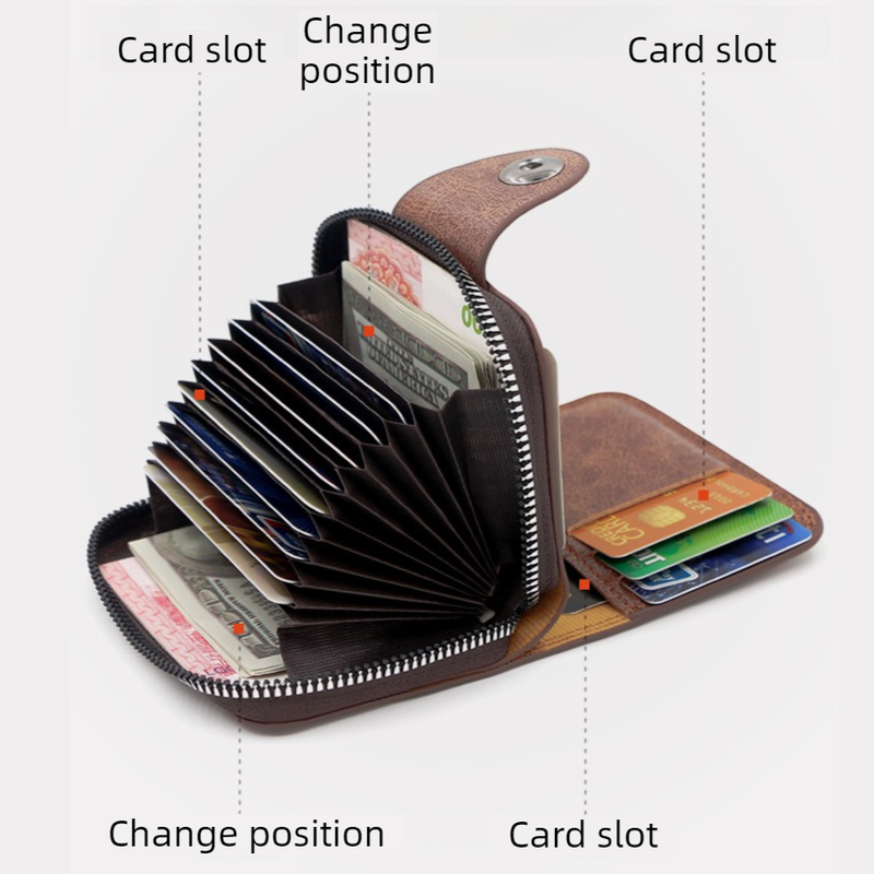 Vintage Waxed PU Leather Card Holder Wallet, Snap Button Zipper Coin Purse, Multi-Card Slot Mini Credit Card Case for Men and Women (Brown) - Image 3