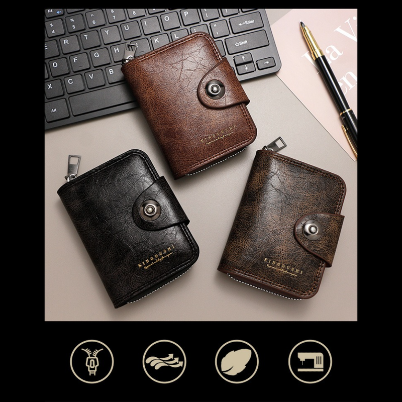 Vintage Waxed PU Leather Card Holder Wallet, Snap Button Zipper Coin Purse, Multi-Card Slot Mini Credit Card Case for Men and Women (Brown) - Image 6