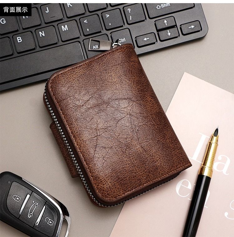 Vintage Waxed PU Leather Card Holder Wallet, Snap Button Zipper Coin Purse, Multi-Card Slot Mini Credit Card Case for Men and Women (Brown) - Image 7