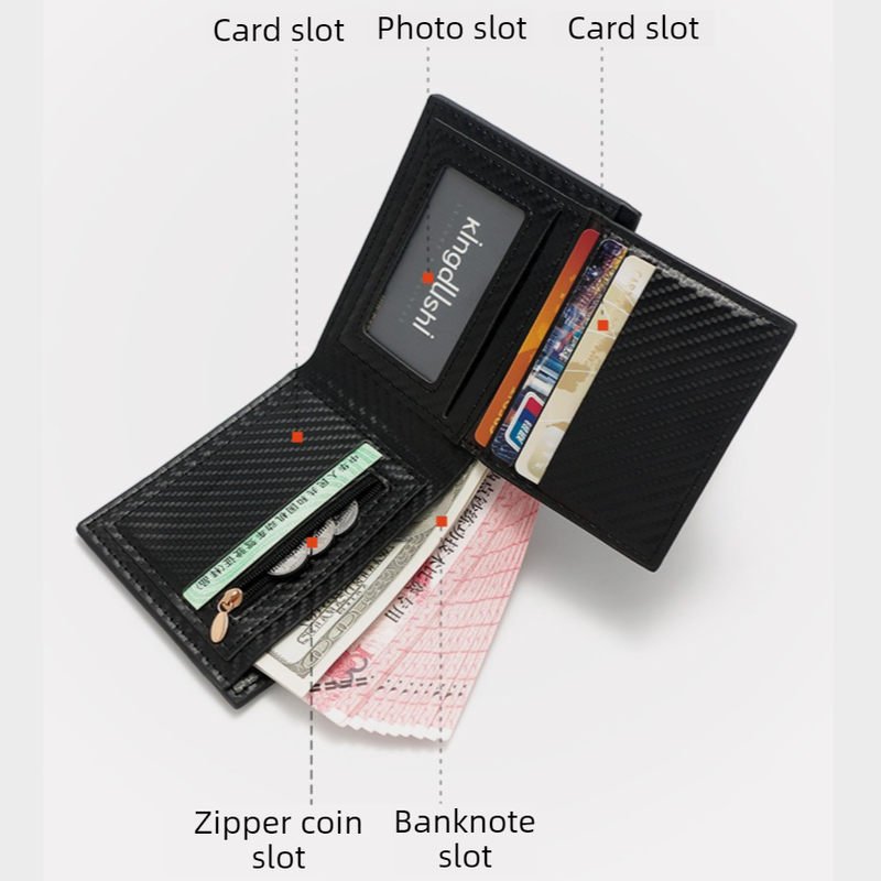 Men's Short Bifold Carbon Fiber Texture PU Wallet, Multi-Card Slot Purse with Zipper Coin Pocket & ID Photo Window for Daily Use (Black) - Image 2