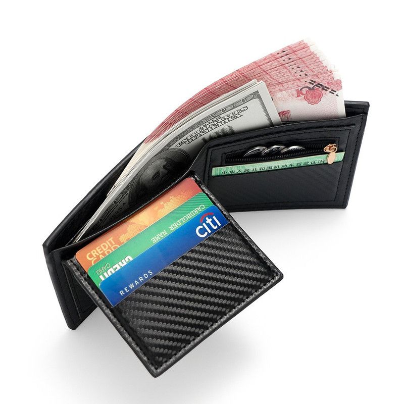 Men's Short Bifold Carbon Fiber Texture PU Wallet, Multi-Card Slot Purse with Zipper Coin Pocket & ID Photo Window for Daily Use (Black) - Image 4