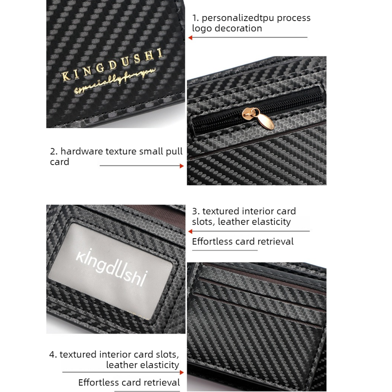 Men's Short Bifold Carbon Fiber Texture PU Wallet, Multi-Card Slot Purse with Zipper Coin Pocket & ID Photo Window for Daily Use (Black) - Image 5