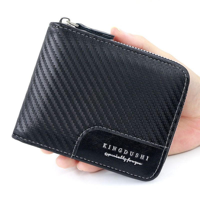 Full-Zip Carbon Fiber PU Wallet for Men, Multi-Card Slot Snap Coin Purse with ID Photo Window - Black - Image 1