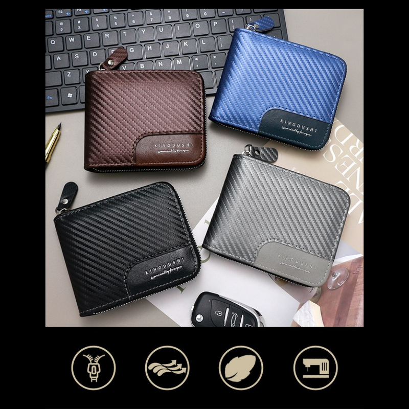 Full-Zip Carbon Fiber PU Wallet for Men, Multi-Card Slot Snap Coin Purse with ID Photo Window - Black - Image 5