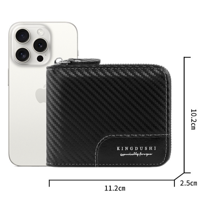 Full-Zip Carbon Fiber PU Wallet for Men, Multi-Card Slot Snap Coin Purse with ID Photo Window - Black - Image 7