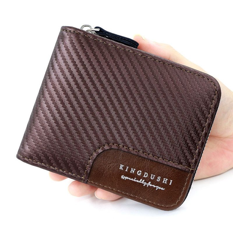 Full-Zip Carbon Fiber PU Wallet for Men, Multi-Card Slot Snap Coin Purse with ID Photo Window - Dark Brown - Image 1