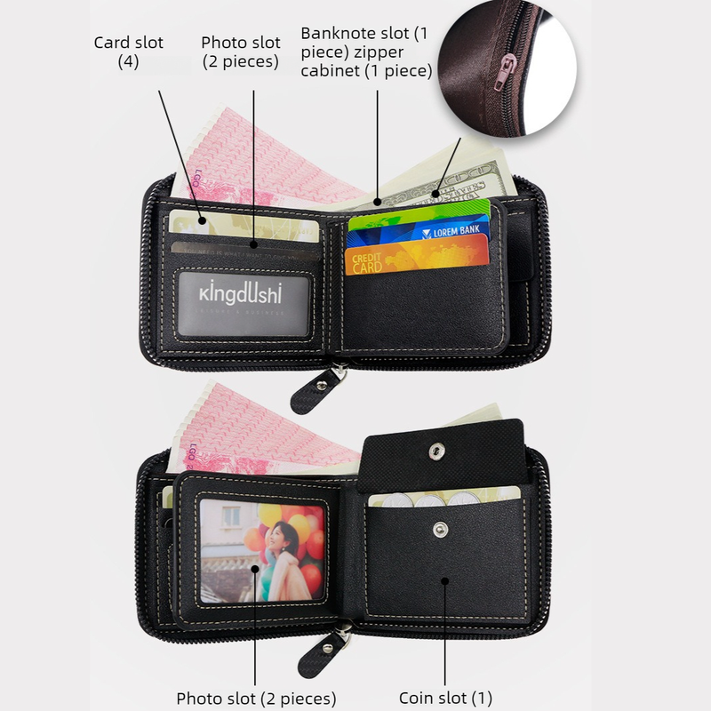 Full-Zip Carbon Fiber PU Wallet for Men, Multi-Card Slot Snap Coin Purse with ID Photo Window - Dark Brown - Image 2