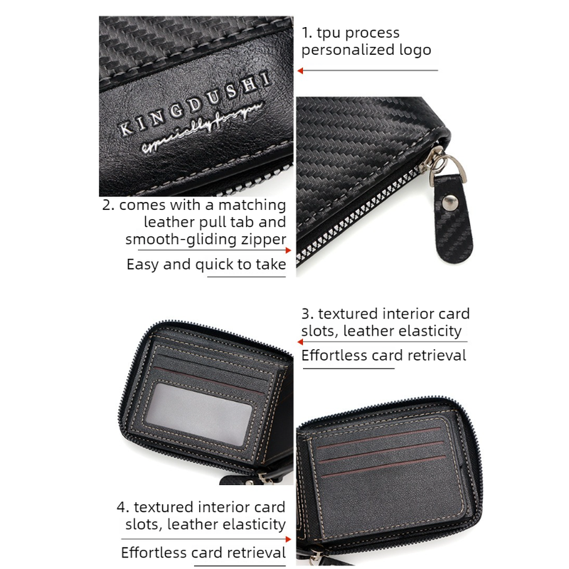 Full-Zip Carbon Fiber PU Wallet for Men, Multi-Card Slot Snap Coin Purse with ID Photo Window - Silver - Image 4