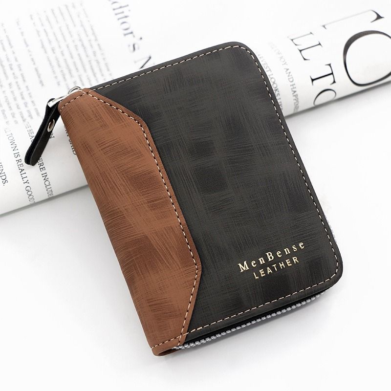 Two-tone Patchwork PU Zip-Around Short Wallet for Men, Embossed Letter Multi-Card Slot Purse with Dual Coin Pockets & ID Photo Slot (Black) - Image 1