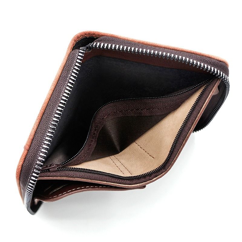 Two-tone Patchwork PU Zip-Around Short Wallet for Men, Embossed Letter Multi-Card Slot Purse with Dual Coin Pockets & ID Photo Slot (Black) - Image 3