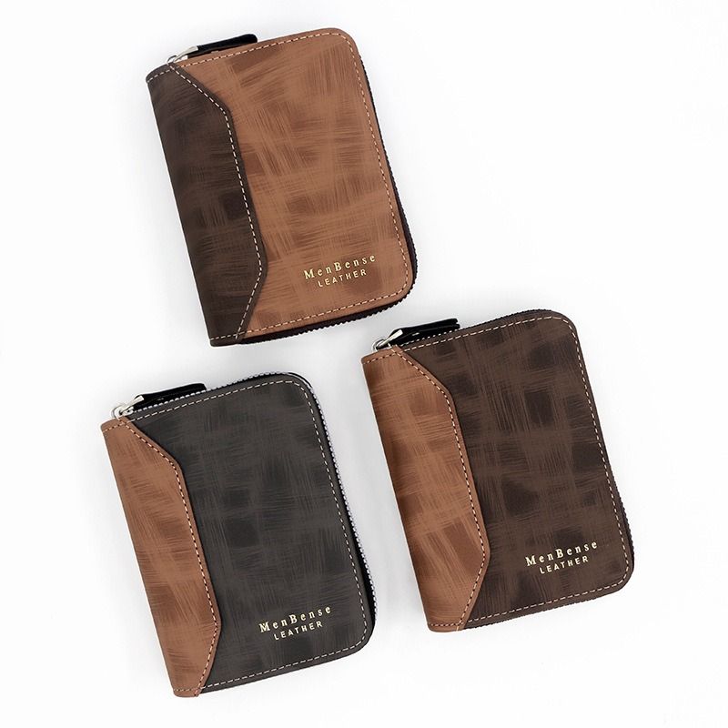 Two-tone Patchwork PU Zip-Around Short Wallet for Men, Embossed Letter Multi-Card Slot Purse with Dual Coin Pockets & ID Photo Slot (Black) - Image 5