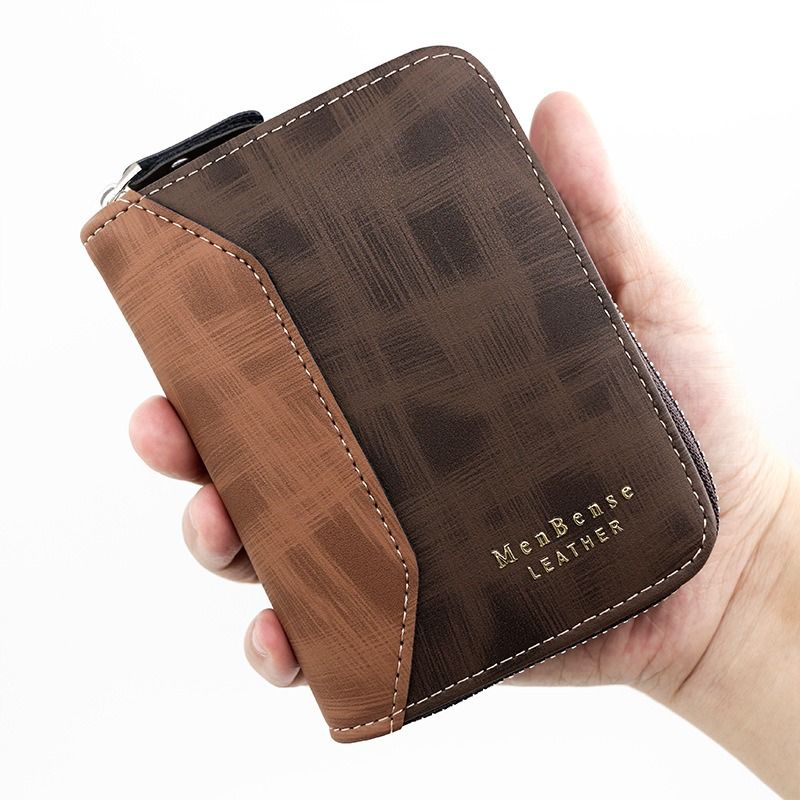 Two-tone Patchwork PU Zip-Around Short Wallet for Men, Embossed Letter Multi-Card Slot Purse with Dual Coin Pockets & ID Photo Slot (Dark Brown) - Image 1