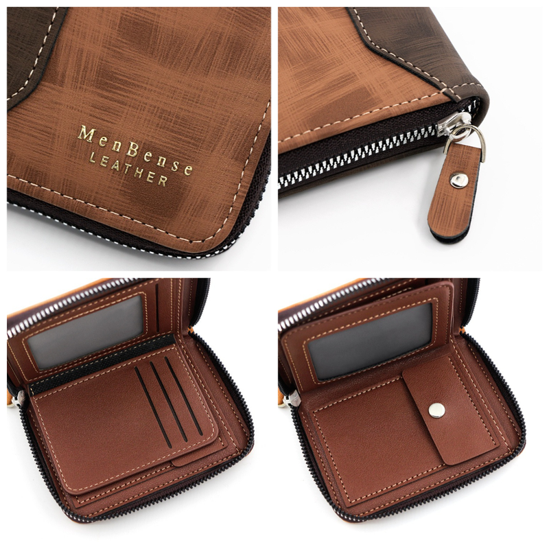 Two-tone Patchwork PU Zip-Around Short Wallet for Men, Embossed Letter Multi-Card Slot Purse with Dual Coin Pockets & ID Photo Slot (Dark Brown) - Image 2