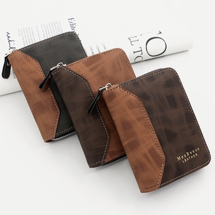 Two-tone Patchwork PU Zip-Around Short Wallet for Men, Embossed Letter Multi-Card Slot Purse with Dual Coin Pockets & ID Photo Slot (Dark Brown) - Image 6