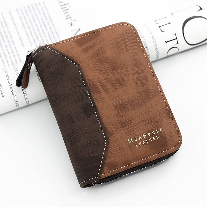 Two-tone Patchwork PU Zip-Around Short Wallet for Men, Embossed Letter Multi-Card Slot Purse with Dual Coin Pockets & ID Photo Slot (Brown) - Image 1