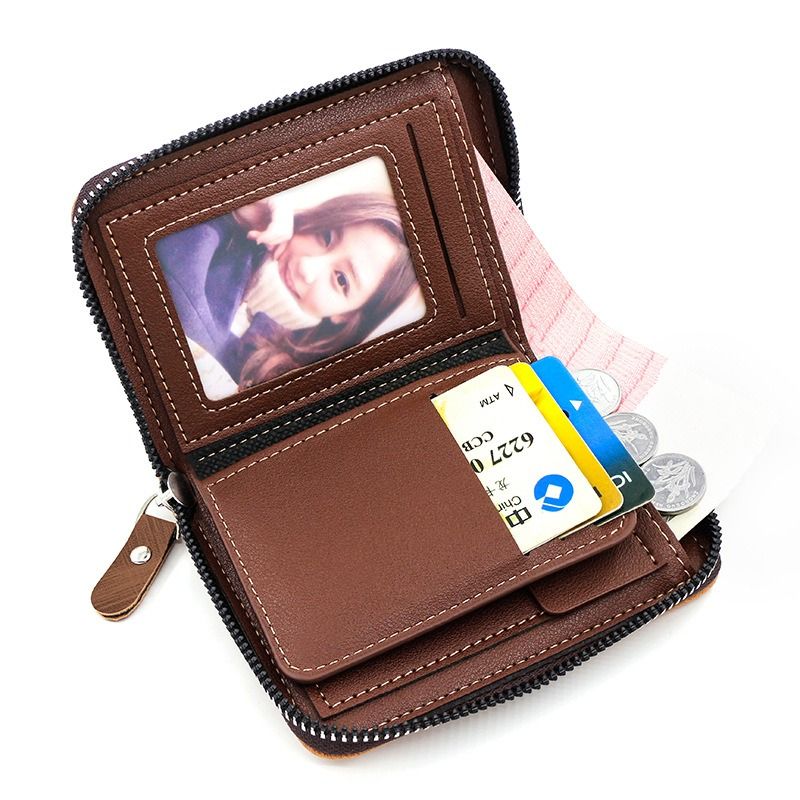 Two-tone Patchwork PU Zip-Around Short Wallet for Men, Embossed Letter Multi-Card Slot Purse with Dual Coin Pockets & ID Photo Slot (Brown) - Image 4