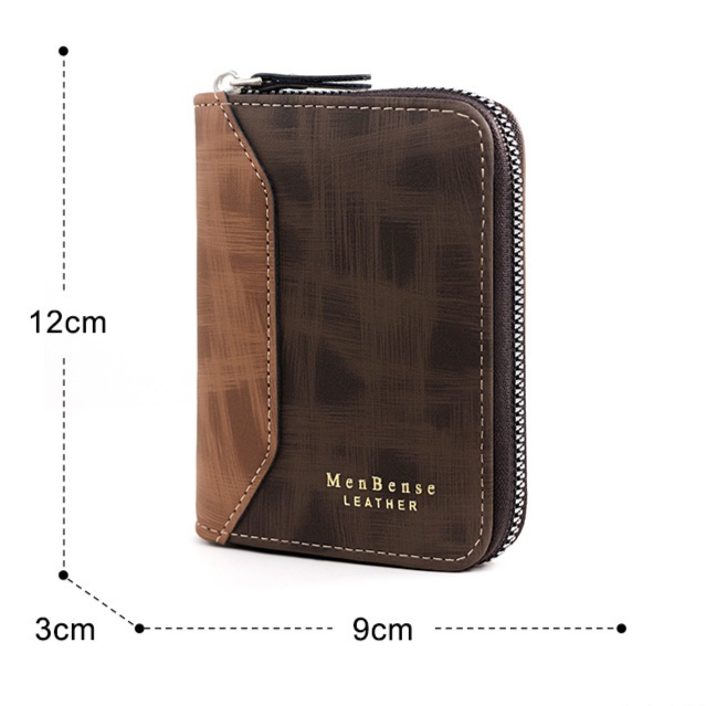 Two-tone Patchwork PU Zip-Around Short Wallet for Men, Embossed Letter Multi-Card Slot Purse with Dual Coin Pockets & ID Photo Slot (Brown) - Image 7