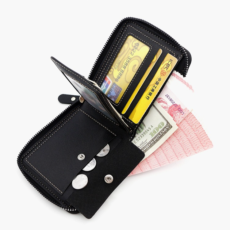Men's Tri-fold Zip-Around Wallet, PU Leather Purse with Snap Coin Pocket & ID Photo Slot, Multi-Card Slots Business Casual Short Billfold (Black) - Image 5