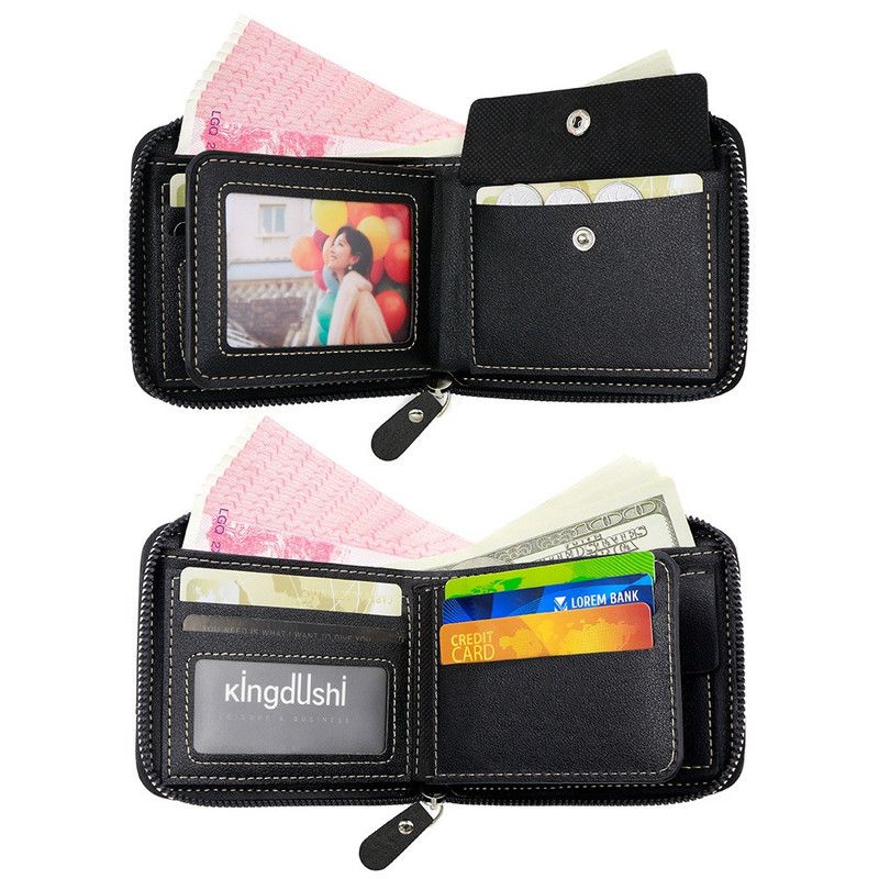 Men's Tri-fold Zip-Around Wallet, PU Leather Purse with Snap Coin Pocket & ID Photo Slot, Multi-Card Slots Business Casual Short Billfold (Dark Brown) - Image 2