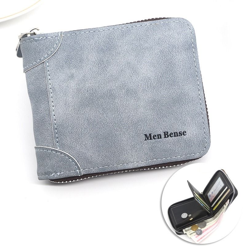 Vintage Matte PU Leather Zip-Around Bifold Wallet for Men, Multi-Card Slot Coin Purse with ID Window, Casual Short Billfold Purse (Gray-Blue) - Image 1