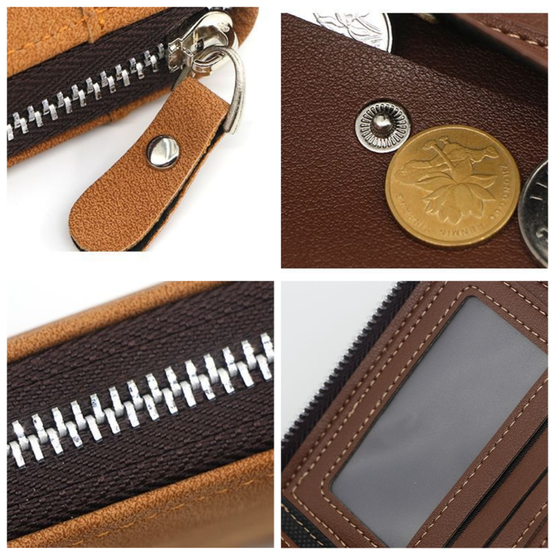 Vintage Matte PU Leather Zip-Around Bifold Wallet for Men, Multi-Card Slot Coin Purse with ID Window, Casual Short Billfold Purse (Gray-Blue) - Image 6