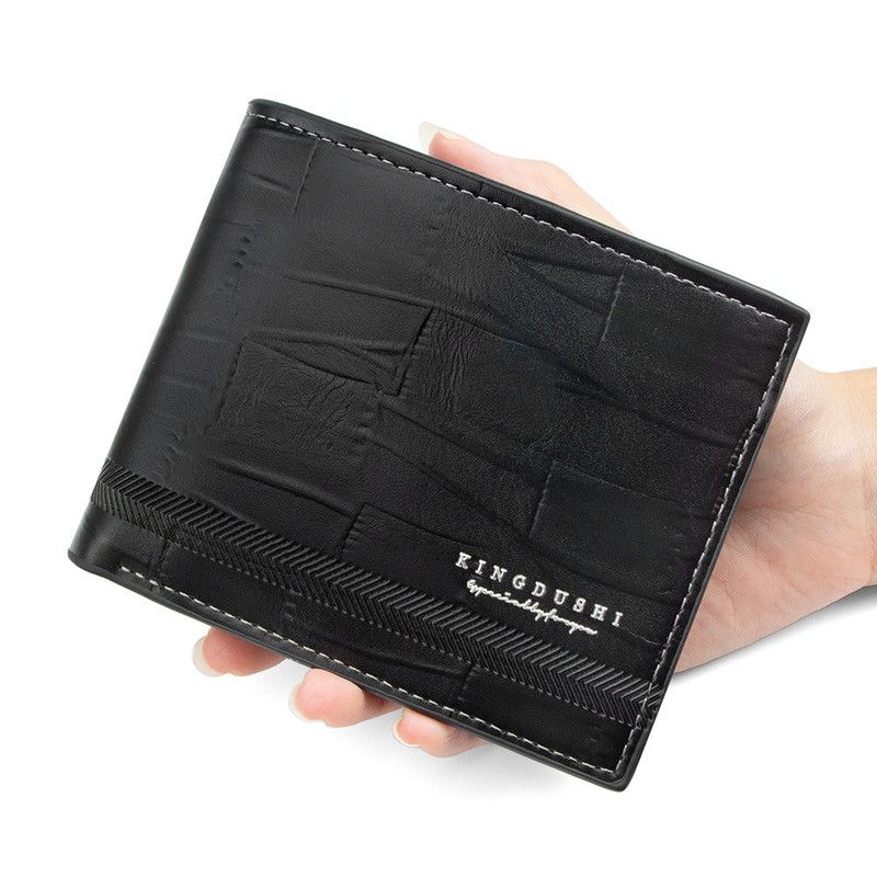 Men's Bifold Embossed PU Wallet, Multi-Card Slots, Dual-Zipper Coin Pocket with ID Window, Business Casual Short Billfold (Black) - Image 1