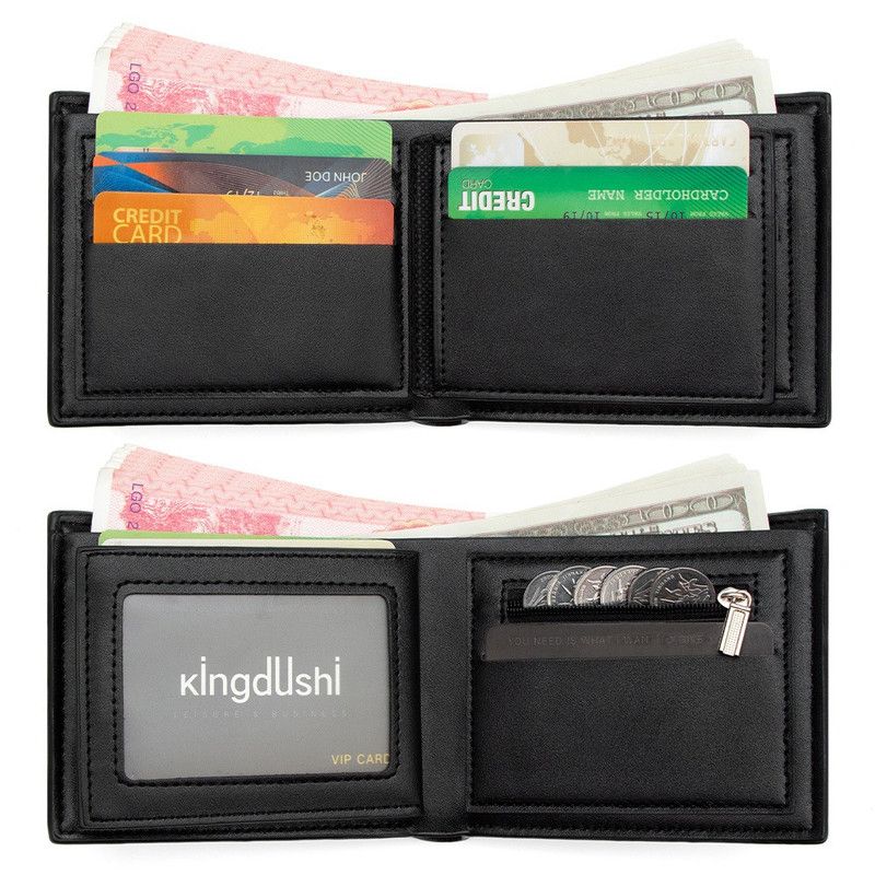 Men's Bifold Embossed PU Wallet, Multi-Card Slots, Dual-Zipper Coin Purse with ID Window, Business Casual Short Billfold (Dark Brown) - Image 2
