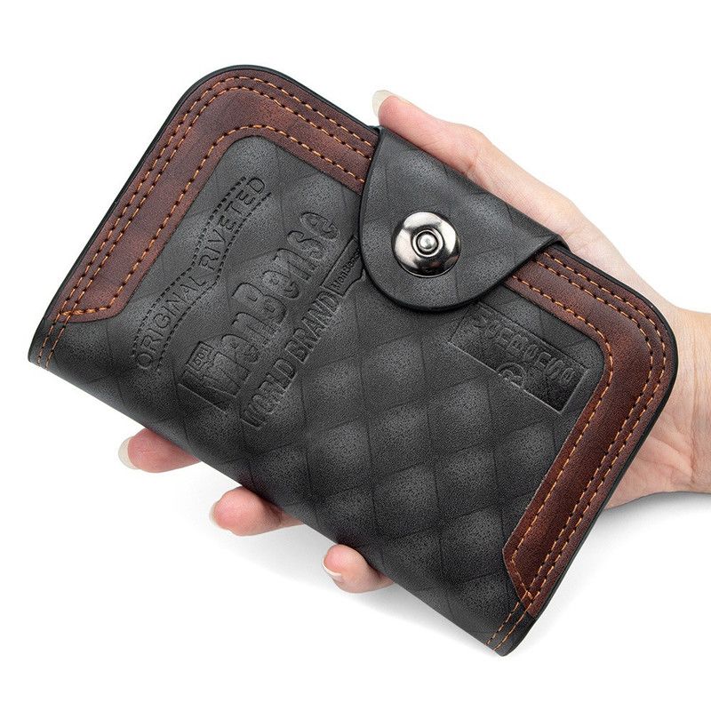 Vintage Patchwork Snap-Closure Vertical Wallet for Men, PU Leather Wallet with 13 Card Slots, Zippered Coin Pocket, and ID Window (Black) - Image 1