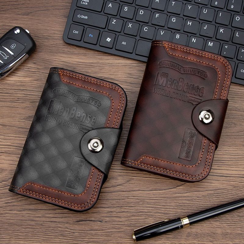 Vintage Patchwork Snap-Closure Vertical Wallet for Men, PU Leather Wallet with 13 Card Slots, Zippered Coin Pocket, and ID Window (Black) - Image 5