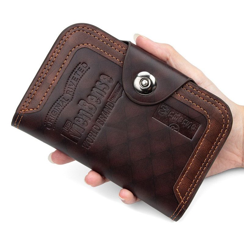 Vintage Patchwork Snap-Closure Vertical Wallet for Men, PU Leather Wallet with 13 Card Slots, Zippered Coin Pocket, and ID Window (Dark Brown) - Image 1