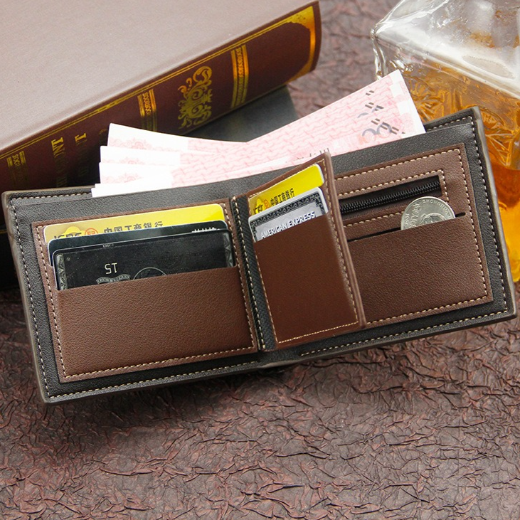 British-Style Two-Tone Bifold Wallet for Men, Matte Printed PU Leather Wallet with Zip Coin Pocket, Multiple Card Slots, and ID Photo Window (Black) - Image 4