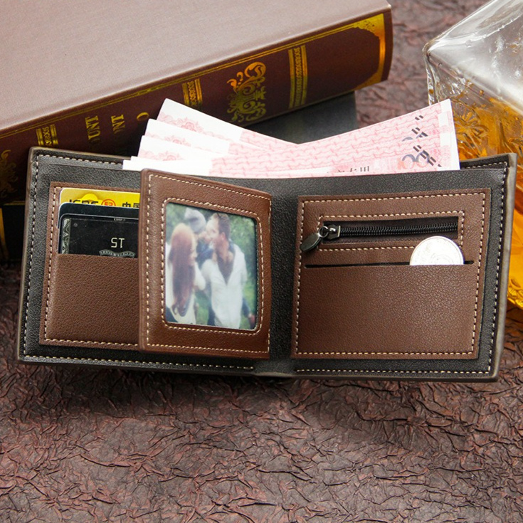 British-Style Two-Tone Bifold Wallet for Men, Matte Printed PU Leather Wallet with Zip Coin Pocket, Multiple Card Slots & ID Photo Window (Brown) - Image 3
