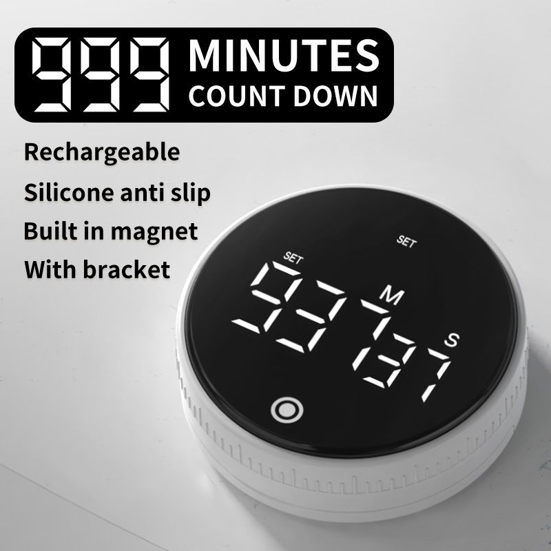 Rotating Digital Kitchen Timer, 999-Minute LED Display Timer with Magnetic Back & Stand, Type-C, for Studying and Exercising—White - Image 1