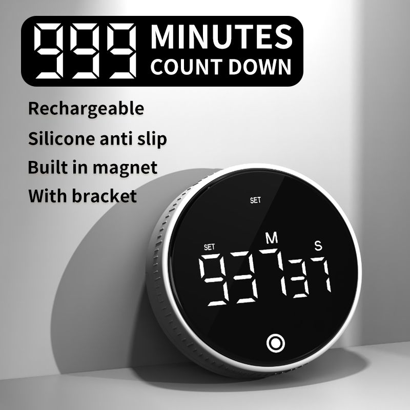 Rotating Digital Kitchen Timer, 999-Minute LED Display Timer with Magnetic Back & Stand, Type-C, for Studying and Exercising—White - Image 2