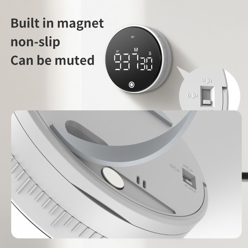 Rotating Digital Kitchen Timer, 999-Minute LED Display Timer with Magnetic Back & Stand, Type-C, for Studying and Exercising—White - Image 4