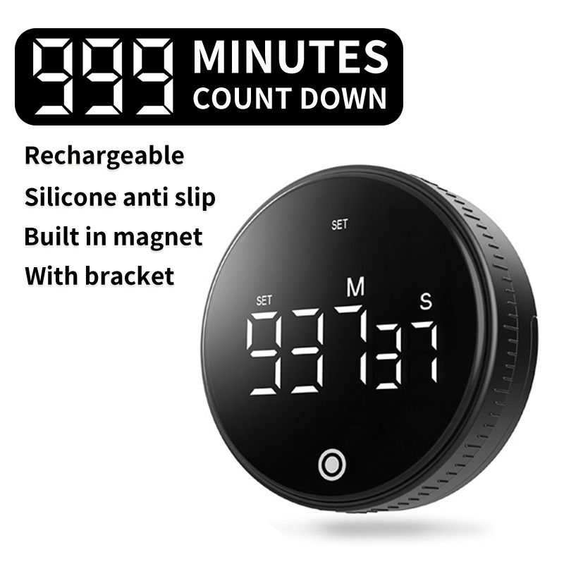 Rotating Digital Kitchen Timer, 999-Minute LED Display Timer with Magnetic Back & Stand, Type-C, for Studying and Exercising—Black - Image 1