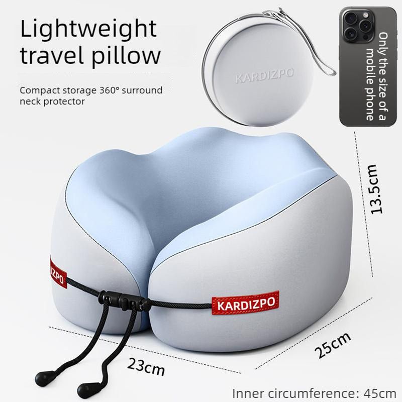 Portable Memory Foam U-Shaped Neck Pillow, Ergonomic 360° Support Adjustable Travel Pillow with Storage Case for Airplane, Car, Office - Blue - Image 1
