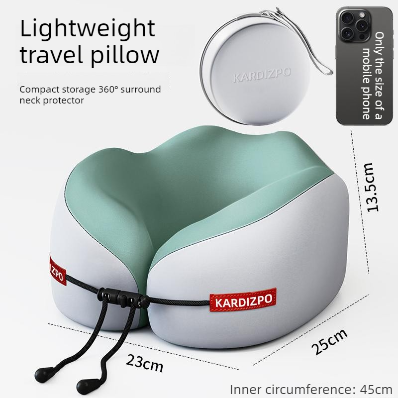 Portable Memory Foam U-Shaped Neck Pillow, Ergonomic 360° Support Adjustable Travel Pillow with Storage Case for Airplane, Car, Office - Green - Image 1