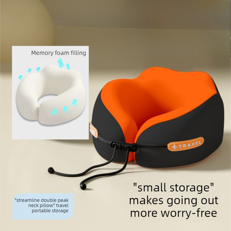 Memory Foam Travel Neck Pillow, U-Shaped Pillow with Ice Silk Cover, Adjustable Lock, and Storage Case for Airplane, Car, Office - Orange - Image 1