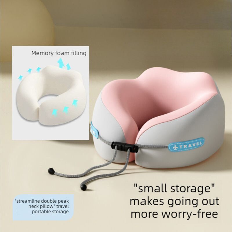 Memory Foam Travel Neck Pillow, U-Shaped Pillow with Ice Silk Cover, Adjustable Lock, and Storage Case for Airplane, Car, Office - Pink - Image 1